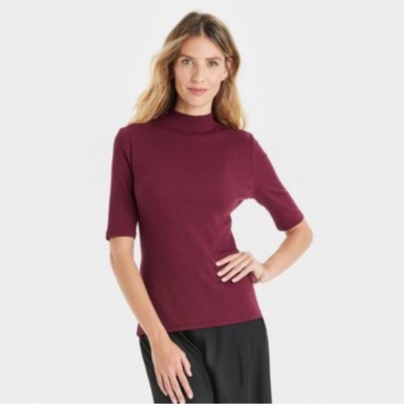 A New Day Women's Elbow Sleeve Mock Turtleneck T-Shirt Burgundy XS - Picture 1 of 12